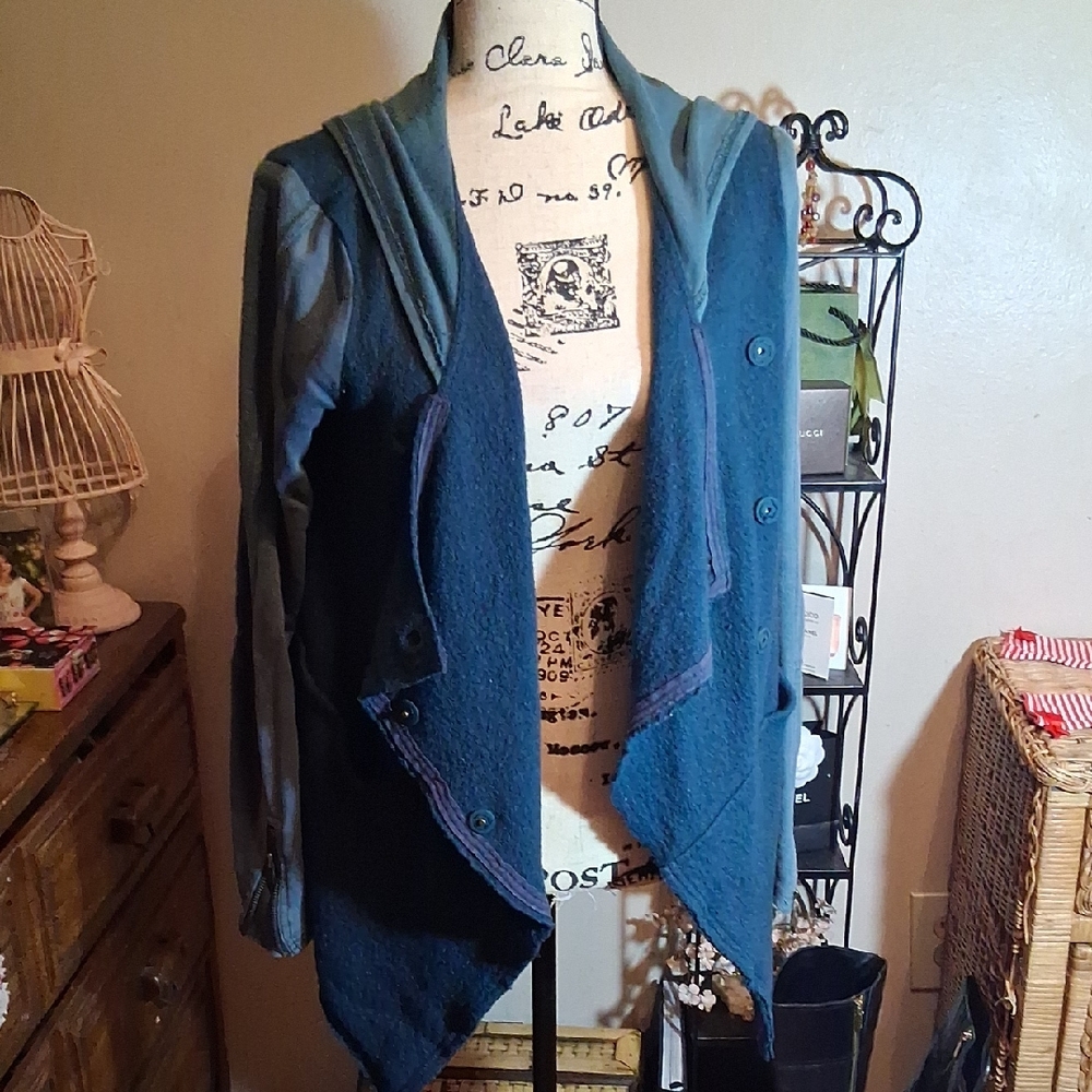 FREE PEOPLE TEAL BLUE WOOLY DISTRESSED HOODED JACKET SIZE SMALL P